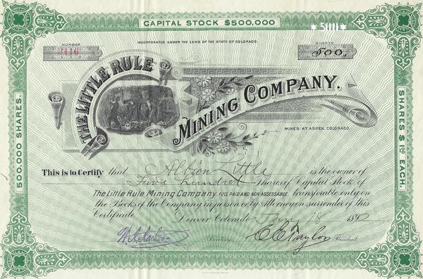 Vintage Aspen Mining Claim Maps and Photographs - The Little Rule Mining Company Stock Certificate - Vintage Photo Lithograph - 8 1/4 x 12 inches