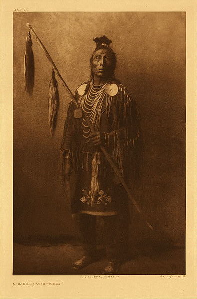 Description Curtis: The three fox-tails hanging from the coup-stick show the subject - Medicine Crow, to be possessor of three first coups, that is, in three encounters he was the first to strike one of the enemy's force.