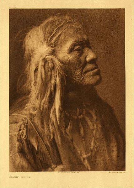 Edward S. Curtis - Plate 247 Luqaiot - Kittitas - Vintage Photogravure - Portfolio, 22 x 18 inches - A proud looking man, Luqaiot stares to the right with his chin held high. Brightly lit one can see many years of age in his face. His hair is long, but very simply done. And his garment has a few feather accents and details. <br> <br>Caption by Edward S. Curtis: The original of this portrait is a son Owhi (Ohai), who as chief of the Salishan band inhabiting Kittitas valley, Washington, at first appeared to favor the Stevens treaty of 1855, but a few months later was drawn into the Indian uprising by the act of another son, Qahlchun, in killing some prospectors. At the termination of hostilities Luqaiot made his permanent home among the Spokan, taking for his wife the daughter of a Spokan chief and widow of his executed brother Qahlchun. Luqaiot's recollections of the events of these times will be found scattered through the account of the Yakima war in Volume VII.