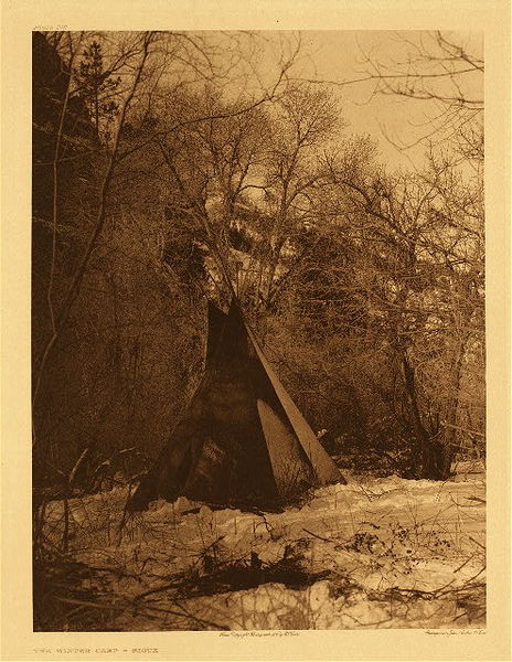 Edward S. Curtis - Plate 106 The Winter Camp - Sioux - Vintage Photogravure - Site Size: 15 5/8 x 11 3/4 inches - With the coming of winter the plains tribes pitched their camps in forested valleys, where they not only were protected from the fierce winds of the plains, but had an ample supply of fuel at hand. Found in Edward Curtis' volume III. <br> <br>This image is printed on the finest quality Japanese Tissue in 1908. Showing just one tipi tucked into the forest to be away from the harsh winter elements. There is snow on the ground and one can almost feel the chill in the air.
