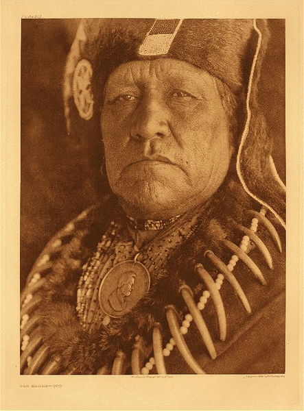 Edward S. Curtis - Plate 679 Old Eagle - Oto - Vintage Photogravure - Portfolio, 18 x 22 inches - The head-dress of this Oto is characteristic of the older style. The medal worn by Old Eagle, in this case bearing the portrait of Lincoln, is like other medals given by the Government to noted chiefs from Washington’s time. The Oto Tribe inhabited the Oklahoma region and were documented in Volume XIX in Curtis' "The North American Indian".
