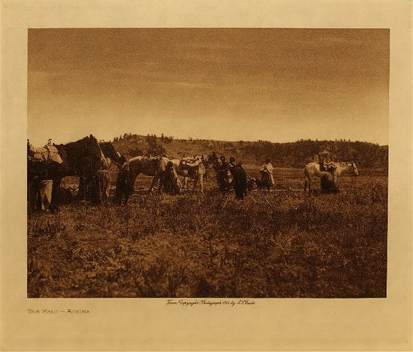 Edward S. Curtis - The Halt - Atsina - Vintage Photogravure - Volume, 9.5 x 12.5 inches - The Atsina were a nomadic tribe, following the buffalo as it was their primary source of food, clothing, and housing. Here the tribe may be travelling and at a stop somewhere along the way. <br> <br>This photogravure was taken in 1909 by Edward S. Curtis. The piece was printed on Japanese Tissue and is available for sale in out Aspen Art Gallery.