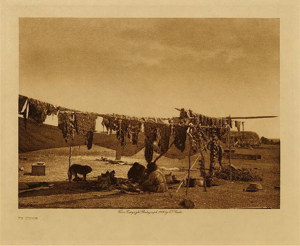Edward S. Curtis - *50% OFF OPPORTUNITY* In Camp - Sioux - Vintage Photogravure - Volume, 9.5 x 12.5 inches - Taken by photographer Edward S. Curtis for his third volume of The North American Indian, “In Camp” pictures a simple camp scene. We see numerous hides hung to dry and women sitting on the ground working. This photogravure was taken by Edward Curtis in 1907 and is printed on Dutch Van Gelder paper. The piece is available for sale in our Aspen Art Gallery.
