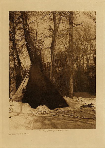 Edward S. Curtis - After the Snow - Vintage Photogravure - Volume, 12.5 x 9.5 inches - This image is of a Lakota tipi tucked into the trees on a snowy day. The Sioux used tipis because they were easily portable and they were a generally nomadic people (to follow the buffalo). The construction consisted of a framework of about 15 poles covered in tanned buffalo skins. Each had a smoke hole at the top with two flaps to regulate the draft. <br> <br>This photogravure was taken by Edward Curtis for his North American Indian Project and now is on display in our Aspen Art Gallery. <br> <br>Provenance: Original Subscription Set #59. George D. Barron, Rye, NY