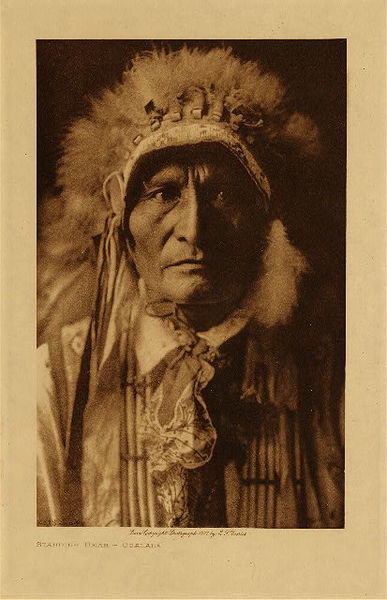 Edward S. Curtis - Standing Bear - Ogalala - Vintage Photogravure - Volume, 12.5 x 9.5 inches - Men wore hip high leggings, loin cloth and moccasins, all made from tipi-coverings softened by weathering and by long exposure to smoke. Customarily no shirt was worn, when necessary, being covered with a buffalo skin belted at the waist. The war-bonnet of eagle feathers arrayed in a circlet about the heat and extending in a flowing train even to the heels was worn on special occasions by the warriors. Women wore deerskin dresses reaching half-way below the knee, with elbow length sleeves open at the armpits and tied with thongs. Leggings extended from ankle to knee, and moccasins were ornamented with quill work. <br> <br>Provenance: <br>Art Institute of Chicago, Ryerson & Burnham Library
