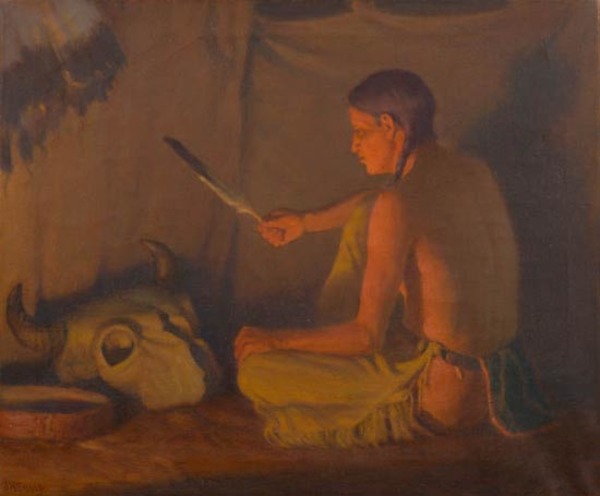 Joseph Henry Sharp - Twilight Indian Brave - Oil on Canvas - 20 x 24 1/4 inches
