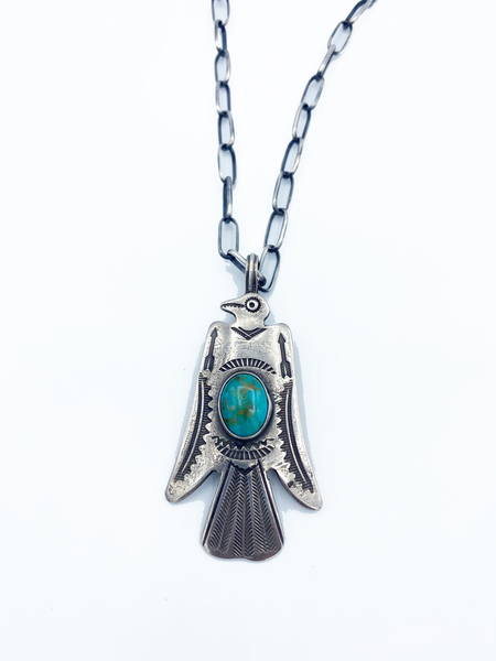 Old Pawn Jewelry - *25% OFF OPPORTUNITY* Large Silver and Turquoise Thunderbird Pendant - Sterling Silver - 24 inch chain