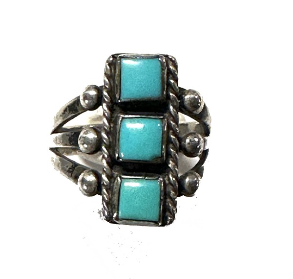 Old Pawn Jewelry - *10% OFF OPPORTUNITY* Vintage Navajo Three Square Stone and Stamped Ring