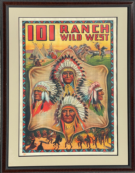 Vintage Posters - 101 Ranch Real Wild West - Vintage Stone Lithograph - Full sheet: 43 3/4 x 30 1/2 inches - The 101 Ranch, founded in 1892 by George W. Miller’s three sons, Joe C., Zack T., and George L., were well-known for the elaborate roundups they stages there. After sporadic shows at expositions, they finally made it a permanent organization and, with the help of Edward Arlington, The Miller Bros. 101 Ranch Wild West opened in 1908. They had a good deal of success and, as the posters here indicate, their show was quite lavish and borrowed heavily on the themes, and eventually on the personnel, of Buffalo Bill’s Wild West. They were one of the buyers in the auction of animals and materials of the Buffalo Bill-Pawnee Bill organization held in Denver in September 1913 to satisfy the claims of the U.S Printing and Lithographing Company. In 1914, the Miller Wild West went to England, only to have their horses and vehicles impressed by the government there as the war broke out. For the 1915 season, their big star was Jess Willard, Kansas cowboy who became world heavyweight champion by knocking out Jack Johnson. Enter Bill Cody: He struck a deal in which he received a daily retainer and part of the profits for his appearance that year with them. It was to be his last year as showman. After the season closed on November 4, 1916, he was exhausted and two months later, on January 10, 1917, he died in his sister’s house in Denver, at the age of 71. <br> <br>This poster is composed of two vertical half-sheets – are in the Strobridge tradition of fine circus posters for which his firm was so well-known. There are hundreds of interesting details in such posters. If these emphasize one point it is the elaborate and expensive publicity practice of holding a parade of the entire cast of a circus or wild west show, with parade wagons, band, and all animals and personnel, down the main street of each city prior to show time. Both “101” and Buffalo Bill engaged in these lavish parades. In the poster to the left we see one of the many features of Buffalo Bill’s Wild West borrowed by the Miller 101 Ranch troupe: the “Equestrian Foot-Ball” scene which, we are told, “makes college foot-ball tame in comparison.” And at the bottom we see President Theodore Roosevelt waving from his stand, above the sign, “That’s Fine! That’s Bully!” and at right shaking hands with a cowgirl he calls “The Bravest Girl in All the West.” She is Lucille Mulhull, whom Will Rogers called “the first Cowgirl” and who was a champion at roping and tying wild steers. In 1900, when she was not yet 15, Roosevelt saw her perform at a Cowboy Tournament staged at the Rough Riders reunion in Oklahoma City and was in fact quite impressed by her daring feats. The poster to the right gives the full sweep of the Street Parade – so vast that it is split in two sections and its winding pattern as it comes from top to bottom adds to the enormity of it all. Note the parade wagon with the “Historic and Instructive” tableau of Pocahontas and Captain John Smith. This was a street parade not to be missed and having witnessed it, the public would be sure to follow this enormous pied-piper into the arena.
