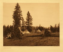 Edward S. Curtis - Plate 223 A Camp of the Yakima - Vintage Photogravure - Portfolio, 18 x 22 inches - Plate 233 “A Camp of the Yakima” was taken by photographer Edward S. Curtis in 1909. The image depicts a small camp of Yakima tipis likely located in Washington as that was Yakima territory. The image must have been taken in the summer for that is when the tribe used tipi’s as lodging. In the winter months the walls would be banked with mud up to about 3 feet for warmth. This piece is printed on Japon Vellum and is available for sale in our Aspen Art Gallery.