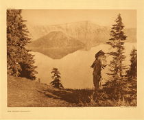 The subject of this plate, in deerskin suit and feathered war-bonnet of the Plains culture, is shown against a background of Crater lake and its precipitous rim towering a thousand feet above the water.
