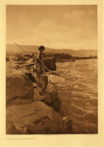 Edward S. Curtis - *50% OFF OPPORTUNITY* Plate 275 Dip-Netting in Pools - Wisham - Vintage Photogravure - Portfolio, 22 x 18 inches - The Wisham tribe generally fished along the Columbia River with large nets. If they were lucky, they would bring home many salmon. In this photogravure one gets a great view of the massive nets they would use to go fishing with as well as the rocky shoreline they fished from. The subject is focused on his task and is wearing nothing but a small loincloth.
<br>
<br>“In the quiet pools along the rocky shore the salmon sometimes lie resting from their long journey up-stream. The experienced fisherman knows these spots, and by a deft movement of his net he takes toll from each one”.- Edward S. Curtis
<br>
<br>RELIGION AND CEREMONIES: The myths of the Wishham were exceedingly interesting in that they show unusual wealth of imagination and vivacity, yet they are disappointing in their incomplete cosmology and their inattention to obvious phenomena. The Wishham attainment of supernatural attributes was attended with far less than ordinary travail. When seven or eight years of age a boy was instructed by his father or other male relative in the mysteries of the acquirement of "yuhlmah," and bidden to begin his journey to lonely spots among the high hills, that the spirits might come to him. - Edward Curtis