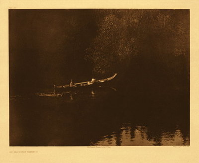 Edward S. Curtis - *50% OFF OPPORTUNITY* Plate 290 On Klickitat River (b) - Vintage Photogravure - Portfolio, 18 x 22 inches - The peaceful part of the river is a contrast to the unseen drama higher up where rock walls narrow and increase the cascade of water that rushes through, creating pools and opportunity for dip-net fishing. The plentiful salmon and steelhead were easy to gather in the pockets formed by the gushing water.
<br>
<br>"Fish, especially salmon, were plentiful far beyond their needs, and were so easily taken that the people were indolent and inert, lacking the initiative, the energetic force, the manliness characteristic of tribes whose livelihood must be gained largely by hinting. In common with most of the other tribes of the north Pacific coast, they were unusually licentious that chastity was practically unknown; and to a remarkable degree they lacked the tribal instinct, so that killing by hired assassins and by supposed magical means became a recognized practice of frequent occurrence." from Edward S. Curtis' "The North American Indian", Volume VIII