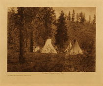 Edward S. Curtis -   In the Mountains - Spokan - Vintage Photogravure - Volume, 9.5 x 12.5 inches - Spokan tribes were located in the Eastern Washington area. This Edward Curtis photo was taken in 1910 of a small Spokan camp in the forest. The buffalo-skin tipis are in a small grouping. This photo by Edward S. Curtis was taken in 1910 and printed on Japon Vellum. The piece is available for sale in our Aspen Art Gallery.