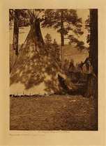 Edward S. Curtis -   Flathead Buffalo - Skin Lodge - Vintage Photogravure - Volume, 12.5 x 9.5 inches - This photogravure was taken by Edward S. Curtis sin 1910 and depicts a typical Flathead lodge in the shade. Considered one of the Salishan tribes on the interior the Flatheads controlled a portion of Montana. A tribe that from the very beginning of their history was abundant in horses which would make them a target of attack for other tribes less fortunate. Flathead country was beautiful and mountainous. The Flatheads have no tradition of any lodges other than buffalo skin lodges.
<br>
<br>Printed on Japon Vellum for Curtis’ volume VII of the North American Indian. This piece is now available for sale in our Aspen Art Gallery.