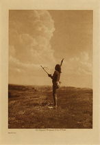 Edward S. Curtis -   Fasting - Sioux - Vintage Photogravure - Volume, 12.5 x 9.5 inches - There were five principal religious rites "Sun Dance," "Vision Cry," Ghost Keeper," "Buffalo Chant" (puberty), and "Foster-parent Chant." All were intoned by a mythical person, "Pte-sa-wi ya," "White Buffalo Woman." The dances of the societies had no religious significance, and there was no ritualistic healing ceremony.
<br>
<br>Provenance: Original Subscription Set #59. George D. Barron, Rye, NY