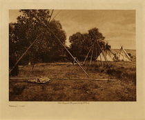 Edward S. Curtis -   Making Camp - Vintage Photogravure - Volume, 9.5 x 12.5 inches - This photo by Edward S. Curtis depicts the process involved in building a camp for the Teton Sioux. After a perfect location is selected, here a place backed with a few trees for protection, they would begin setting up. The Sioux resided mainly in tipis and these were made of large poles which were then draped with buffalo skins. The tipis would allow for smoke to exit through the top using closable flaps. 
<br>
<br> This photogravure was taken in 1908 by Edward S. Curtis. The piece was printed on Dutch Van Gelder and is available for sale in out Aspen Art Gallery.
<br>
<br>Provenance: Original Subscription Set #59. George D. Barron, Rye, NY