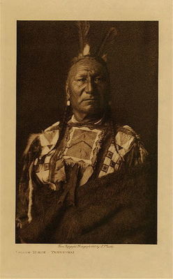 Edward S. Curtis - *50% OFF OPPORTUNITY* Yellow Horse - Yanktonai - Vintage Photogravure - Volume, 12.5 x 9.5 inches - Yellow Horse was born in North Dakota in 1853 making him about 55 in this Edward Curtis photo. He was known to be a great warrior and his medicine was a bird-skin tied to a yellow cloth. Pictured by Curtis here in an elaborately decorated shirt and with feathers in his hair.	
<br>
<br>This image was taken in 1908 by photographer Edward S. Curtis and was printed on Japon Vellum. The original photogravure is available for sale in our Aspen Art Gallery.
<br>
<br>Provenance: 
<br>Art Institute of Chicago, Ryerson & Burnham Library