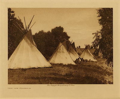 Edward S. Curtis -   Camp Life - Assiniboin - Vintage Photogravure - Volume, 9.5 x 12.5 inches - "Three centuries ago the seven divisions of the Dakota were dwelling in the region between the headwaters of the Mississippi and the west end of Lake Superior. About the time of the landing of the Pilgrim Fathers, a band of the Yanktonai, deserting their tribesmen in anger, says tradition, over wrong done to the chief's wife, moved away to the north and east, until, after indefinite wandering, they established a temporary home on the shores of a wooded lake. Thus was born the Assiniboin tribe, first mentioned as distinct from the Dakota by the Jesuit Relation of 1640 on "Lake Alimibeg," later identified as either Rainy lake on the northern boundary of the present state of Minnesota, or else Lake Nipigon, north of Lake Superior in the direction of Hudson Bay." by Edward S. Curtis in "The North American Indian," Volume III