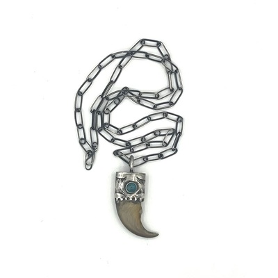 Old Pawn Jewelry - *25% OFF OPPORTUNITY* Silver Capped Colorado Black Bear Claw with Turquoise on Silver Link Chain - 24 inches
