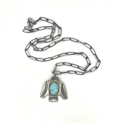 Old Pawn Jewelry - *25% OFF OPPORTUNITY* Small Silver and Turquoise Thunderbird on Silver Link Chain - 24 inches