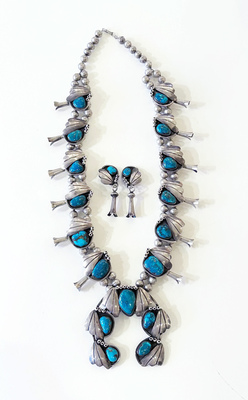 Old Pawn Jewelry - *10% OFF OPPORTUNITY* Navaho Squash Blossom with Earrings - Sterling silver and blue gem turquiose