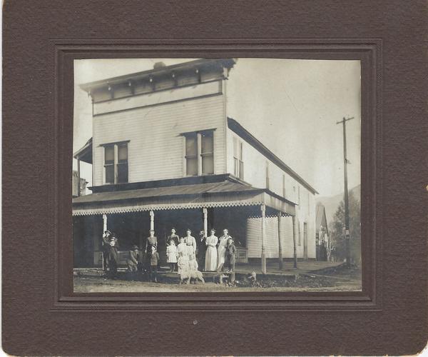 Vintage Aspen Mining Claim Maps and Photographs - Aspen Boarding House (Mesa Store Bakery) - Gelatin Silver Photograph - Image: 3 7/8 x 4 3/4 inches - Original brown mount. Pictured Dr. John standing near Mollie Fannie