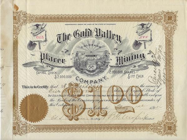 Vintage Aspen Mining Claim Maps and Photographs - The Gold Valley Placer Mining Stock Certificate border=
