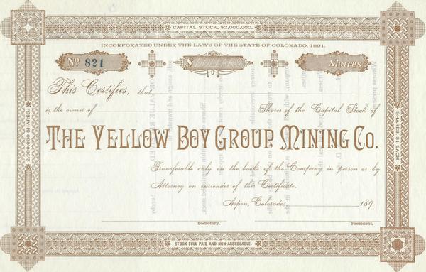 Vintage Aspen Mining Claim Maps and Photographs - The Yellow Boy Mining Group Stock Certificate border=