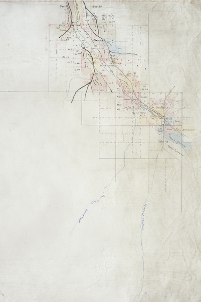 Vintage Aspen Mining Claim Maps and Photographs - Ranches of the Roaring Fork Valley - Original Unique Survey on Linen - 18 x 13 1/2 inches - The area pictured is just past Shale Bluff’s. <br>*The Aspen townsite is pictured in the lower right. The Denver and Rio Grande Railroad is noted, along with the Roaring Fork, Maroon Creek and Castle Creek rivers. Various homesteads are carefully plotted to scale with the section number noted such as Chas Hallam, James F. McGrew, Donald McLean (McLean Flats named after, however, the spelling was changed at a later date)
