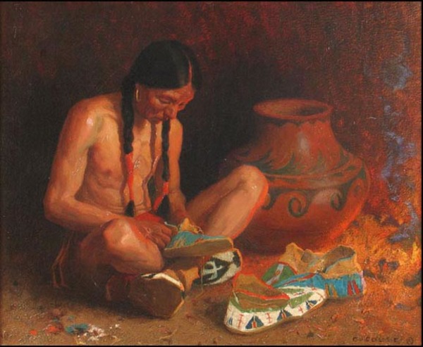 Eanger Irving Couse - The Moccasin Maker - Oil on Canvas - 24 x 29 inches