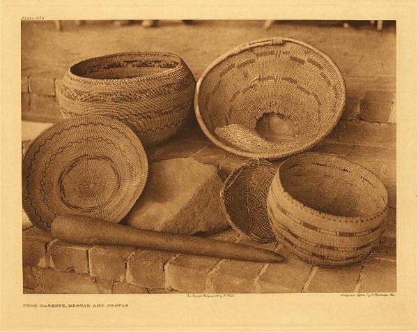 Edward S. Curtis - Plate 485 Pomo Baskets, Mortar and Pestle border=