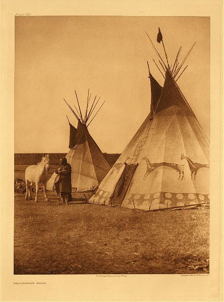 Edward S. Curtis - Plate 642 Blackfoot Tipis - Vintage Photogravure - Portfolio, 22 x 18 inches - In Volume 18 Edward Curtis reveals more Blackfoot distinction. Their tents are large and clean. The devices generally used in painting them are taken from beasts and birds; the buffalo and the bear are frequently delineated. <br> <br>The country they inhabit abounds with animals of various kinds; beaver are numerous, but they will not hunt them with any spirit, so that their principal produce is dried provisions, buffalo robes, wolves, foxes, and other meadow skins, and furs of little value.