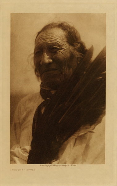 Edward S. Curtis - *50% OFF OPPORTUNITY* Crow Dog - Brule - Vintage Photogravure - Volume, 12.5 x 9.5 inches - Photographed in 1907 by Edward S. Curtis, Crow dog was a Brule sub-chief who is noted to have once murdered Spotted tail as the result of a feud involving jealousy and politics. <br> <br>The Brule tribe was a subset of the Lakota or Teton Sioux. Located in North and South Dakota or Montana. It was typical of the Siouan tribes for the men to part their hair down the middle as seen in this photo by Edward S. Curtis. This photogravure by Edward S. Curtis is from his 3rd volume and printed on Dutch Van Gelder paper. This piece is available for sale in our Aspen Art Gallery.