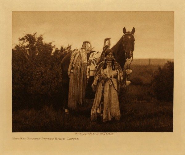 Edward S. Curtis - With Her Proudly Decked Horse - Cayuse - Vintage Photogravure - Volume, 9.5 x 12.5 inches