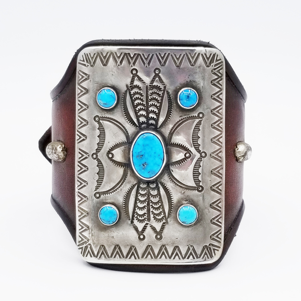 Old Pawn Jewelry - Bracelet: Ketoh with Silver and Turqoise Mounted on French Bridle Leather border=