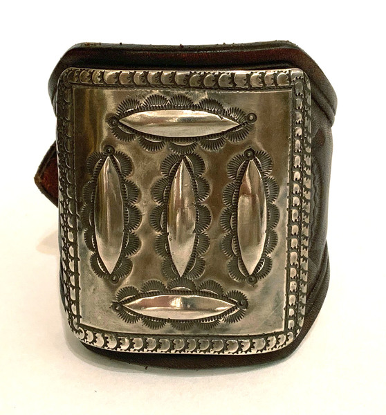 Old Pawn Jewelry - Bracelet: Large Silver Ketoh Mounted on Hand Stamped Vintage French Bridle Leather border=