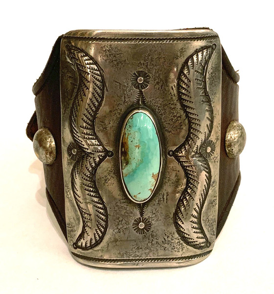 Old Pawn Jewelry - Bracelet: Large Silver & Turquoise Ketoh, Distressed French Bridle Leather w/ Vintage Horse Tack St border=
