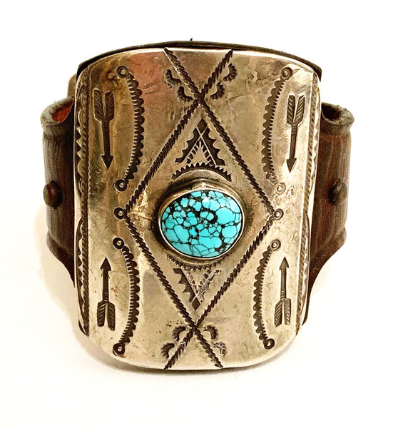 Old Pawn Jewelry - Bracelet: Small Silver & Turquoise Kethoh w/Spiderweb Stone. Arrow Stamp on French Bridle Leather border=