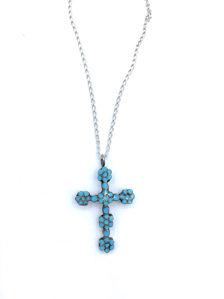 Old Pawn Jewelry - Vintage Dishta Cross on Silver Chain - Silver and Turquoise