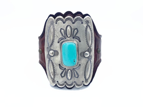 Old Pawn Jewelry - Bracelet: Small Silver and Turquoise Ketoh w/ Rectangle Stone border=