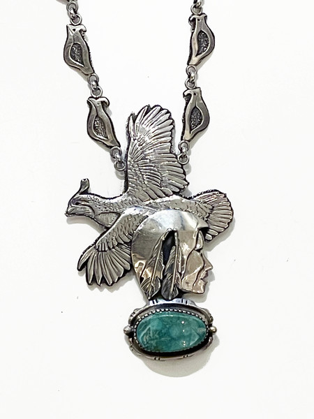 Old Pawn Jewelry - Necklace: Majestic Sterling Silver Pheasant and Chief - Sterling Silver - 14 1/2 x 3 inches
