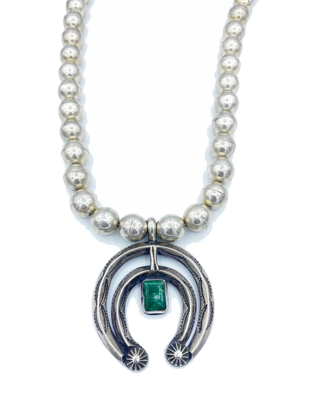 Old Pawn Jewelry - Necklace: Heavy Navajo Pearls with Silver and Turquoise Naja - Sterling Silver