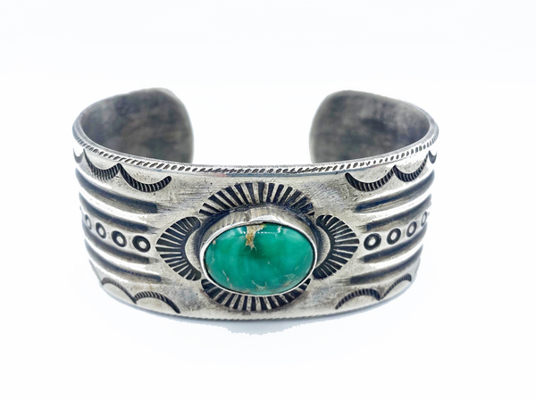 Old Pawn Jewelry - Bracelet: Ingot Silver and Turquoise Heavy Stamped - Sterling Silver
