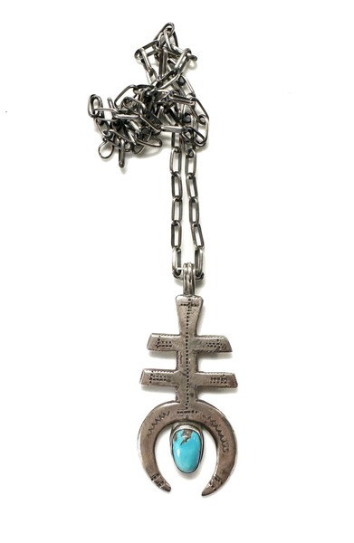 Old Pawn Jewelry - Silver and Turquoise Pueblo Cross on 24" Handmade Navajo Silver Link Chain