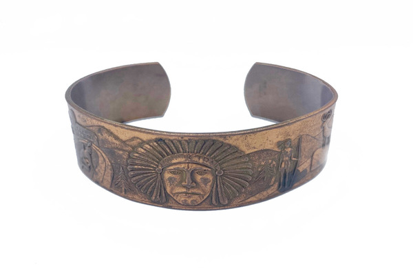 Old Pawn Jewelry - Men's Native American Headdress Copper Cuff border=