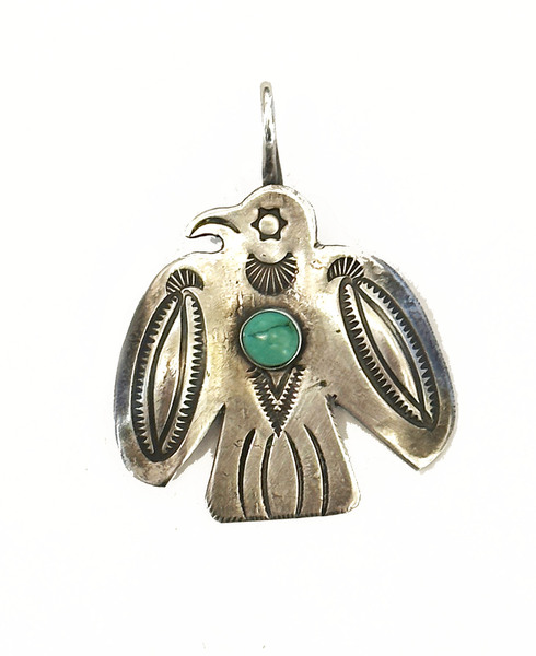 Old Pawn Jewelry - Thunderbird Pendant - Sterling silver with Turquoise - 1 3/4 x 1 1/2 inches