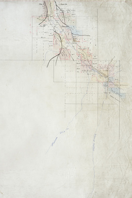 Vintage Aspen Mining Claim Maps and Photographs - Ranches of the Roaring Fork Valley - Original Unique Survey on Linen - 18 x 13 1/2 inches - The area pictured is just past Shale Bluff’s. <br>*The Aspen townsite is pictured in the lower right. The Denver and Rio Grande Railroad is noted, along with the Roaring Fork, Maroon Creek and Castle Creek rivers. Various homesteads are carefully plotted to scale with the section number noted such as Chas Hallam, James F. McGrew, Donald McLean (McLean Flats named after, however, the spelling was changed at a later date)
