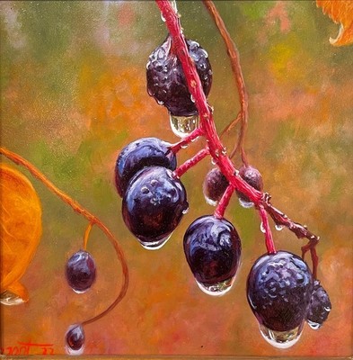  Title: Wildberries in the Rain , Size: 6 x 6 inches , Medium: Oil on Panel , Signed: L/R