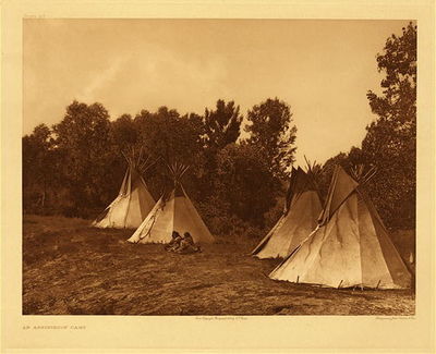 Edward S. Curtis -   Plate 107 Assiniboin Camp - Vintage Photogravure - Portfolio, 18 x 22 inches - Three centuries ago the seven divisions of the Dakota were dwelling in the region between the headwaters of the Mississippi and the west end of Lake Superior. About the time of the landing of the Pilgrim Fathers, a band of the Yanktonai, deserting their tribesmen in anger, says tradition, over wrong done to the chief's wife, moved away to the north and east, until, after indefinite wandering, they established a temporary home on the shores of a wooded lake. Thus was born the Assiniboin tribe, first mentioned as distinct from the Dakota by the Jesuit Relation of 1640 on "Lake Alimibeg," later identified as either Rainy lake on the northern boundary of the present state of Minnesota, or else Lake Nipigon, north of Lake Superior in the direction of Hudson Bay.<br> <br>In common with other tribes of the Missouri, the Assiniboin fell prey to the scourge of the smallpox, which in 1838 spread to their camp, at that time in the country to the east of Fort Buford, North Dakota. Fully one half of the occupants of their four hundred tipis succumbed.